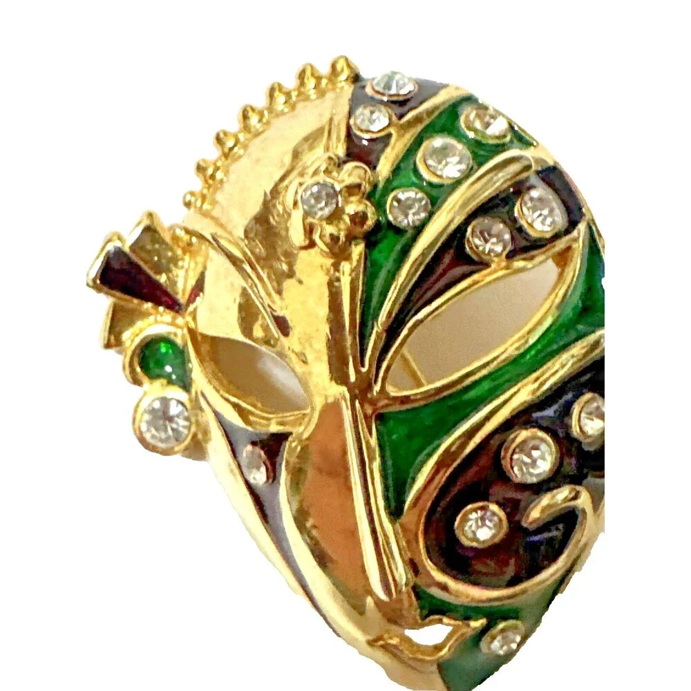 Vintage Kabuki Theater Mask Brooch Ornate Green Red Enamel Rhinestone Pin 1.75